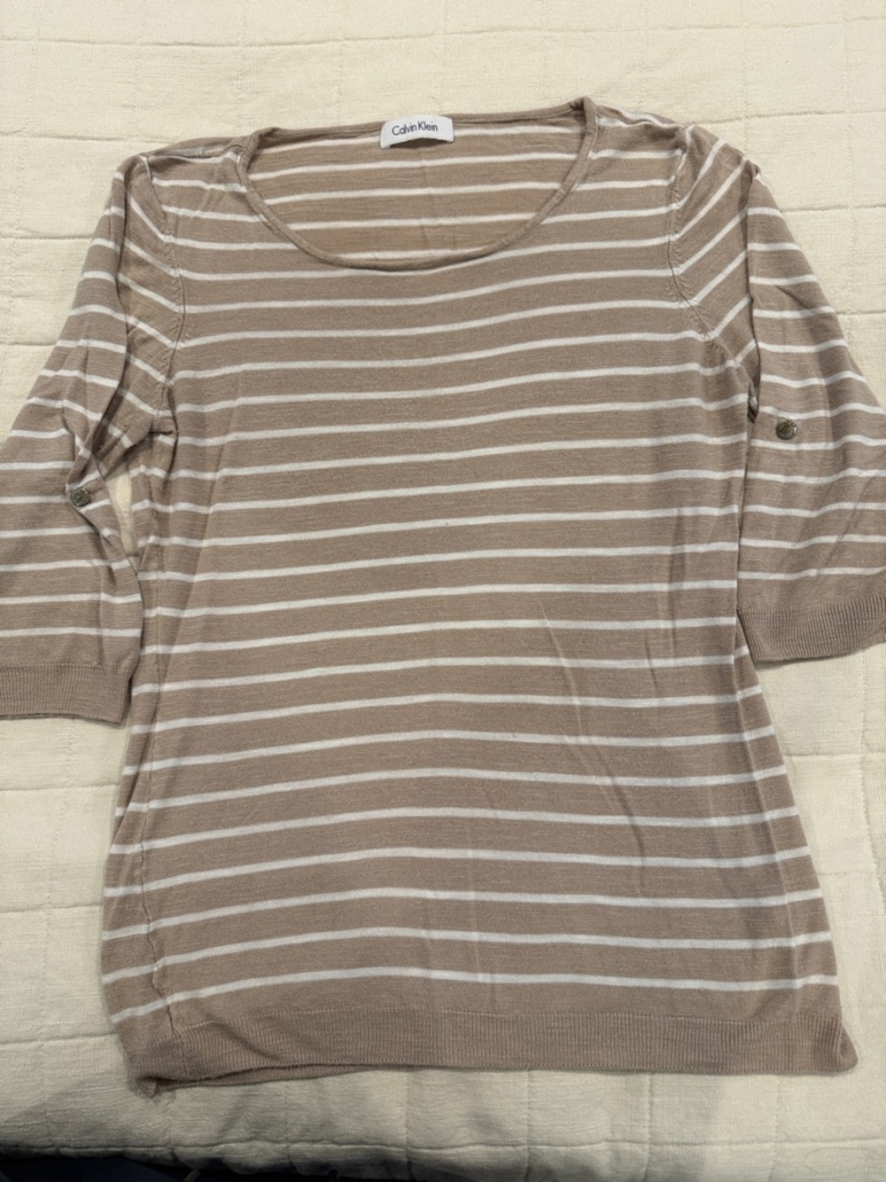 Calvin Klein Taupe and White Striped Knit Top